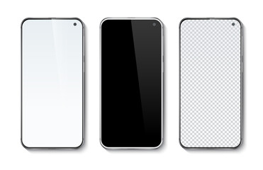 Realistic smartphone isolated on white background. Mobile phone with white, black and transparent screen. Vector illustration