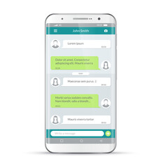 White smartphone with messenger app window. Chatting and messaging. SMS messages sending. Social network concept. Chat boxes. Realistic vector cellphone, mobile phone isolated on white background.