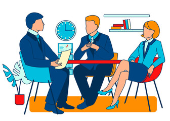 Business people in an office meeting room, colleagues negotiating, discussing a marketing strategy, making presentations in the boardroom together. Or employers company interviewing a candidate.