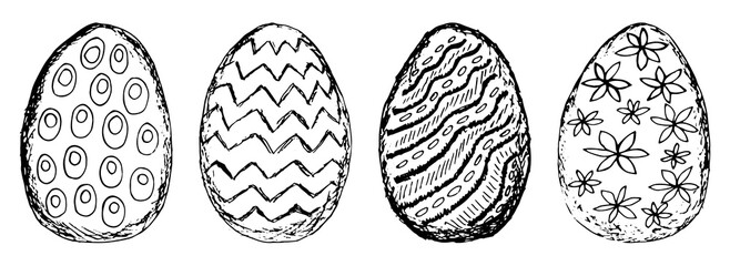 Collection of black and white grunge clipart of the Easter eggs with different patterns. Contour line sketches of eggs isolated on white background