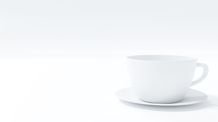 3D illustration rendering. A white coffee mug and a white dish isolated on white background.