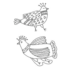 Coloring black and white. Birds with patterns. Folk crafts.