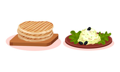 Baked Crumpet on Wooden Board and Salad Garnished with Green Leaves Vector Set