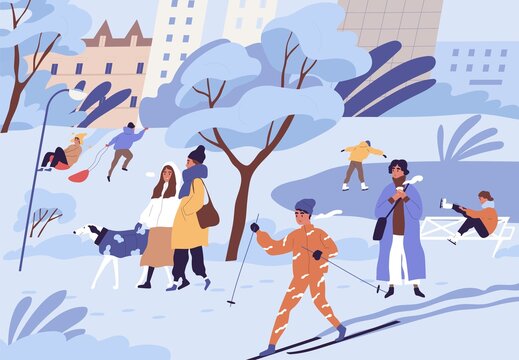 Crowd of people skiing, skating, sledding and walking in city park in winter. Landscape with ice rink and trees in snow in cold freezing weather. Colored flat cartoon vector illustration