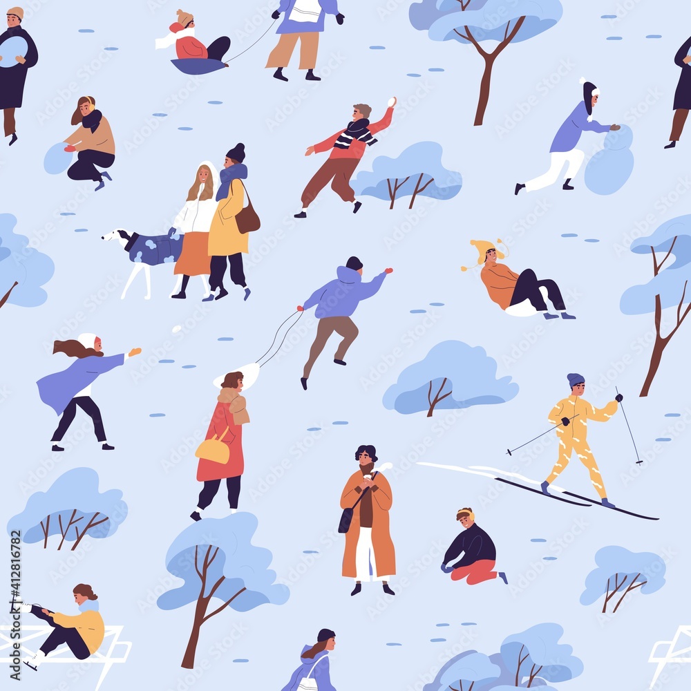 Poster Design of seamless pattern with people on snow on winter holiday. Endless repeatable background with characters walking, playing, skiing and sledding outdoors. Colored flat vector illustration