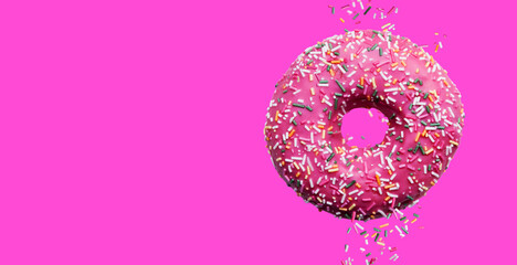 Pink donut on a pink background. Front view. 