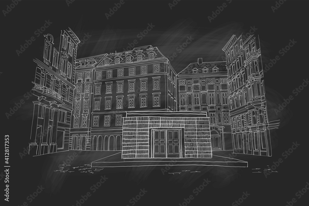 Sticker vector sketch of architecture of Jewish Square (Judenplatz) in Vienna, Austria.