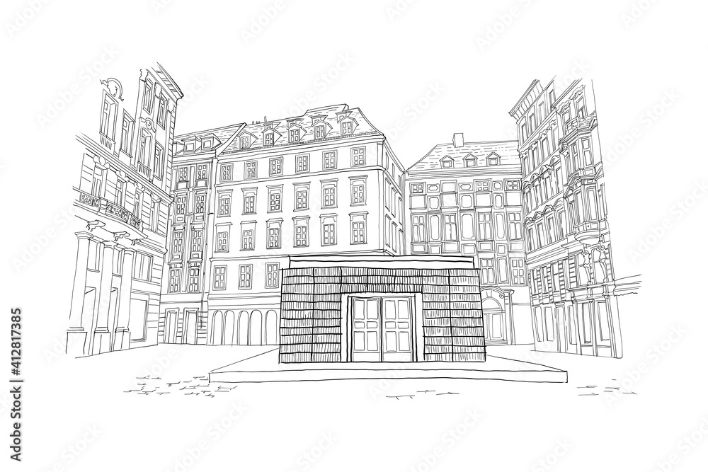 Sticker vector sketch of architecture of jewish square (judenplatz) in vienna, austria.