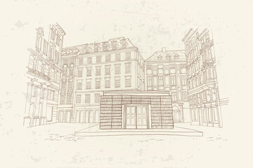vector sketch of architecture of Jewish Square (Judenplatz) in Vienna, Austria.