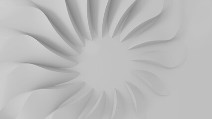 Modern abstract parametric three-dimensional background of a set of wavy swirling white three-dimensional petals converging in a cent. 3D illustration