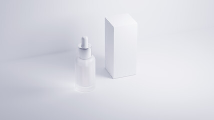 Glass cosmetic bottle mock-up with box. Serum bottle on a light background. 3d-render