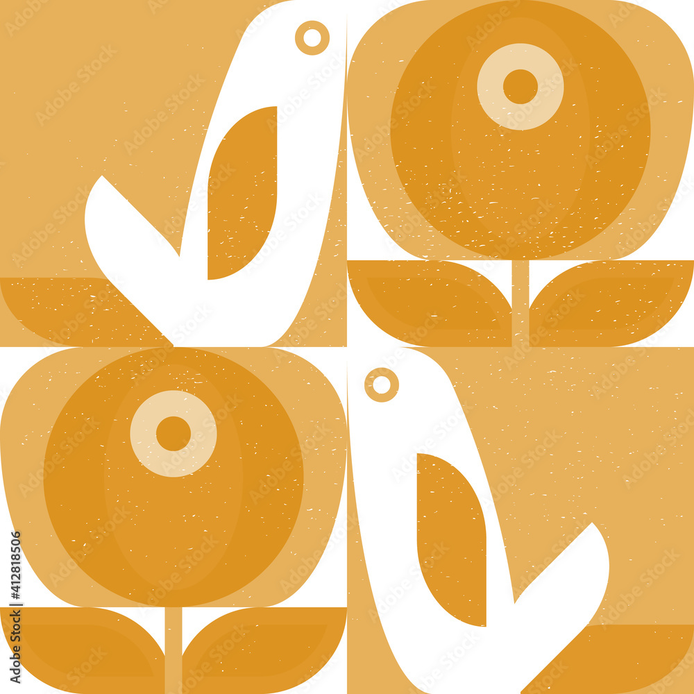 Poster abstract geometric retro inspired vector seamless pattern.stylized bird, leaves and flowers in paste