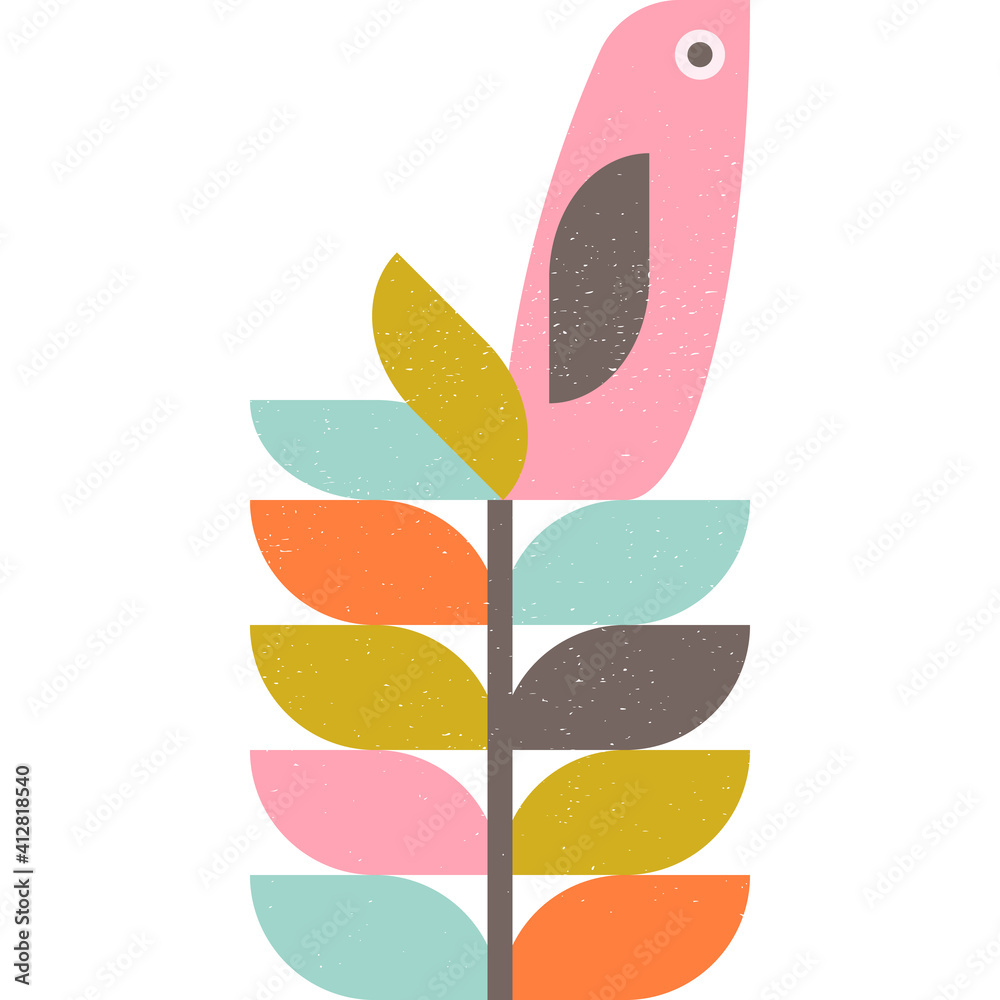 Poster abstract geometric retro inspired vector seamless pattern.stylized bird, leaves and flowers in paste