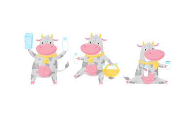 Cute Cow as Domesticated Animal with Hooves Carrying Basket with Milk Bottle Vector Set