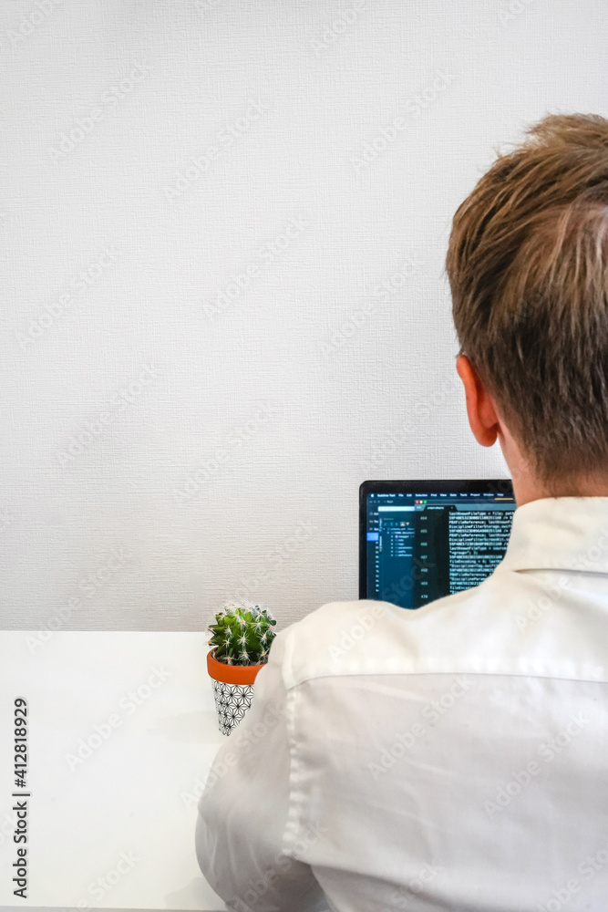 Sticker a male programmer works in front of a laptop screen in a bright office or remotely from home. workpl