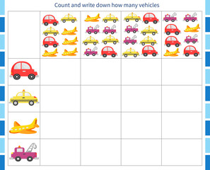  Logic game for children. Count and record the number of vehicles