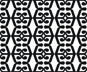 Simple repeating grid pattern of thick black shape outlines with curled circular ends on a white background, geometric vector illustration