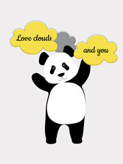 Cute Chinese panda and yellow-gray clouds for Valentine's Day. Bear for printing on clothes, cups, pillows, notebooks. 