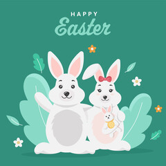 Cute Bunnies Family Character With Flowers And Leaves On Green Background For Happy Easter Concept.