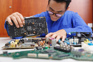 Technicial professinoal assemble part to repair computer motherboard and processor.