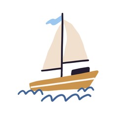 Childish boat with sails and flag floating in sea or ocean. Sailboat and water waves in Scandinavian style. Hand-drawn colored flat vector illustration isolated on white background