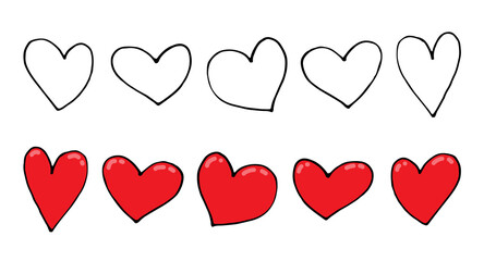 A set of simple doodle drawn hearts. Outline and red color. Valentine's Day