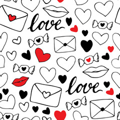 valentine's day vector seamless pattern. Hearts, lips, candy, love letters, Love