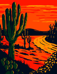 WPA-posterkunst van de Saguaro, Carnegiea gigantea, een boomachtige cactussoort in de schemering in Saguaro National Park in Tucson, Arizona, gedaan in projectadministratie voor werken of in federale kunstprojectstijl.