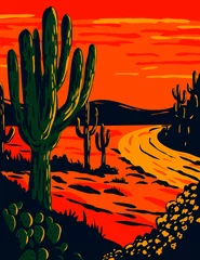 Fotobehang Vermiljoen WPA-posterkunst van de Saguaro, Carnegiea gigantea, een boomachtige cactussoort in de schemering in Saguaro National Park in Tucson, Arizona, gedaan in projectadministratie voor werken of in federale kunstprojectstijl.