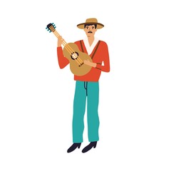 Spanish man in hat playing acoustic guitar. Guitarist holding stringed musical instrument and performing music. Colored flat vector illustration of musician isolated on white background
