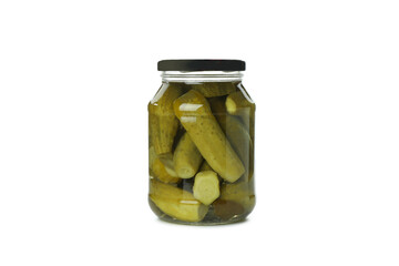 Jar with pickled cucumbers isolated on white background