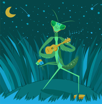Romantic mantis playing serenade. Illustration suitable for web and print usage. Illustration for Valentine's day, 14 february