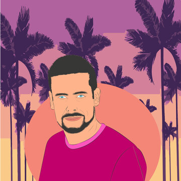 young blue-eyed boy in a sunset with palm trees wearing a pink T-shirt