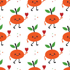 Vector seamless pattern background with cute cartoon smiling tangerine, clementine, mandarin character holding in hand red heart.