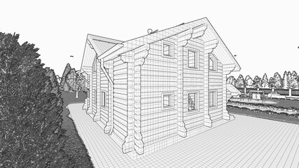 Country wooden house, cottage, villa made of gun carriage on the background of fir trees in the courtyard. Black and white sketch picture