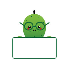 Cute cartoon style soursop, guanabana fruit character smiling and holding in hands blank, empty card for quote or information.