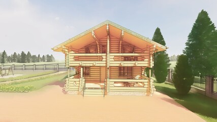 Country wooden house, cottage, villa made of carriage on the background of fir trees in the yard, on red tiles on the background of fir trees and blue sky and snow. The picture is watercolour