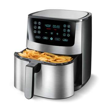 Open Digital Air Fryer Isolated. Brushed Stainless Steel Electric Deep Fryer Side View. Silver Modern Domestic Household & Small Kitchen Appliances. 1500 Watts Convection Oven 8 Quart Oilless Cooker