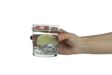 Female hand hold glass of vodka, isolated on white background