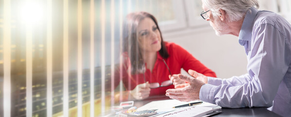 Obraz premium Businesspeople working in office, light effect; multiple exposure