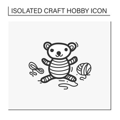 Amigurumi handmade hand draw icon. Knitting a perfect teddy-bear, using needle pins and wool clew balls. Tenderly handmade crochet toy. Handmade concept. Isolated sketch vector illustration