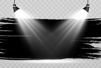 Empty stage with spotlights. Lighting devices on a transparent background.