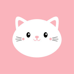 White cat kitten kitty round icon. Kawaii cute cartoon character. Funny happy face. Baby greeting card tshirt notebook cover template. Happy Valentines Day. Flat design. Pink background. Isolated.
