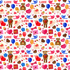  Watercolor hand painted illustration. Seamless pattern Valntine's day elements.
