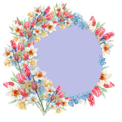 tulips daffodils flowers spring bloom. watercolor illustration hand drawn print textile postcard sketch doodle background greeting card seamless pattern
