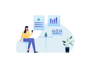 Illustration Vector Graphic of a woman holds her phone to watch her financial fluctuations, this illustration perfect for website, landing page, web, app, and banner