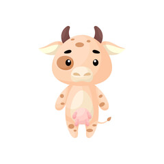 Cute little cow on white background. Cartoon animal character for kids cards, baby shower, birthday invitation, house interior. Bright colored childish vector illustration in cartoon style.
