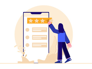 Illustration Vector Graphic of a girl makes a rating by clicking on the rating star, this illustration perfect for website, landing page, web, app, and banner