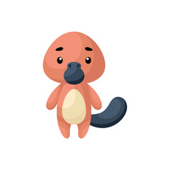 Cute little platypus on white background. Cartoon animal character for kids cards, baby shower, birthday invitation, house interior. Bright colored childish vector illustration in cartoon style.