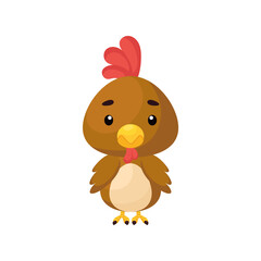 Cute little chicken on white background. Cartoon animal character for kids cards, baby shower, birthday invitation, house interior. Bright colored childish vector illustration in cartoon style.